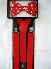 Red White Mustaches Adj Pre-Tied Strap Bow tie&Red Adj Y-Back Suspenders-New!