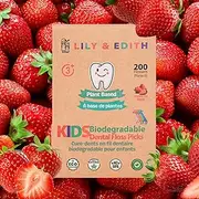 LILY & EDITH Kids Plant Based Dental Floss Picks 200 Counts, Fluoride Free, Corn Starch Material, Chemical Free, Fun Animal Flossing Sticks, Ultra Sturdy Thread, Zero Waste Package (Strawberry)