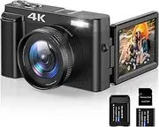 Vlogging Camera, 4K Digital Camera for YouTube Autofocus 16X Zoom 48MP Video Cameras Photography with 32GB SD Card, 180 Degree 3.0 inch Flip Screen, 2 Batteries and Charging Stand ,Black DC101