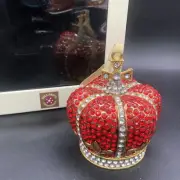 Vtg Jeweled Crown Hinged Trinket Box Ornament Red & Gold Fluer De Lis Magnetic