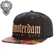 Amsterdam Mens Black Baseball Cap Floral Flat Brim Hip Hop Trendy Unisex Fashion