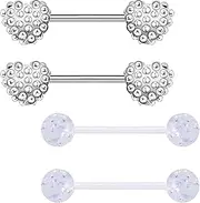 [FLOGWE] 2 Pairs 14G Stainless Steel Heavy Heart Nipple Rings 316L Nipple Barbell Starlight Acrylic Ball Nipple Barbells Tongue Rings Body Piercing for Women Men