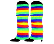 RAINBOW LEG WARMERS High Knitted Womens Neon Party Knit Ankle Socks 80s Dance - Rainbow