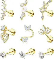 [Sanfenly] 9 Pcs 16G Helix Earrings for Women Surgical Steel Conch Tragus Earrings Piercing Butterfly Flower Snake Ear Piercing Earrings Stud Cartilage Earrings Set Helix Tragus Piercing Jewellery