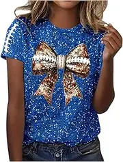 Game Day T-Shirt Women Football Mom Shirts Funny Bow tie Print Crewneck Tee Casual Sunday Funday Short Sleeve Tops