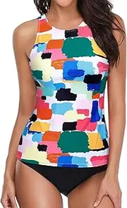 [Holipick] Women Two Piece Plus Size Sexy Backless High Neck Halter Floral Printed Top with Hipster Bottoms Tankini Set