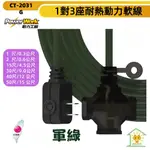 POWERWORK動力工廠｜1對3座耐熱動力軟線CT-2031G 軍綠色1尺~50尺 新上市送轉接頭 -迅睿