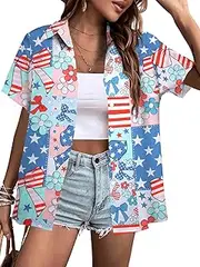 [QLIPIN] American Flag Shirt Women Patriotic Hawaiian Shirts 4th of July Tops Red White Blue Graphic Tee USA Button Up Top