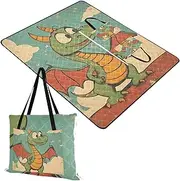 Yoogain Picnic Accessories Cute Beach Blankets Waterproof Sandproof for 8 to 10 Adults Couples Gift Cartoon Cute Retro Green Dragon 60x80in