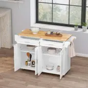 White Luxury Mobile Kitchen Island Cart with Rubber Wood Top, Big and Adjustable