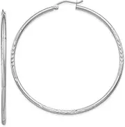 [JewelryWeb] 10k White Gold Satin and Sparkle Cut 2mm Round Hoop Earrings 55mm Long 2mm Thick-Hoop Earring for Women