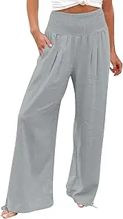 Women Linen Palazzo Pants Summer High Waist Wide Leg Casual Boho Pants Lightweight Beach Travel Lounge Pants Pockets