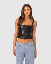 EDIKTED Womens PU Corset With Front Hook and Eye Closure BLACK