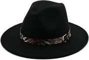 [erioctry] Mens Fashion Wool Blend Fedora Hat Wide Brim Flat Church Derby Cap with Leopard Band Jazz Hat Panama Hat for Wedding Party Talent Show Performance Best Xmas Gift, Black, Medium