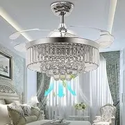 Reversible Retractable Ceiling Fans with LED Light and Remote Control, 42" Invisible Ceiling fan Chandelier with 4 Clear ABS Blade, Livingroom Fandelier Indoor Crystal Ceiling Light with Fans (Chrome)
