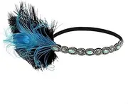 [VIORNO] Women Headpiece,Girl Headdress, Ladies Headdress, Flapper Headband 1920s Headdress Feathers Crystal Beaded Wedding Headpiece Elastic Headwear Blue (Color : Blue)