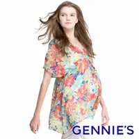 在飛比找PChome24h購物優惠-Gennies奇妮 輕盈雪紡印花長版上衣(T3702)