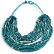 [Avalaya] Statement Multistrand Wood Bead Cotton Cord Bib Style Women's Necklace in Teal - 64cm Long, Wood cords Plastic