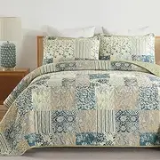 Drucon Patchwork Quilt Set Queen Size, Green Blue Plaid Bedspread Coverlet Set 3 Pieces for All Season, Soft Microfiber Bedding Set Queen 90"x96"