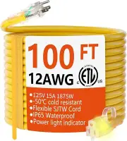 100 ft 12/3 Heavy Duty Extension Cord - Waterproof, Lighted End & Cold-Resistant