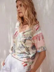 Scenic Chateu Print Cotton Modal Slouch V-Neck T-Shirt (AM2900) | $23