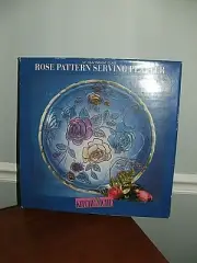 LARGE 14" HEAVYWEIGHT GLASS ROSE PATTERN SERVING PLATTER KITCHEN NICHE VINTAGE