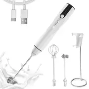 Rechargeable Milk Frother Handheld with 3 Speeds, Powerful Whisk Drink Mixer with 2 Head for Coffee