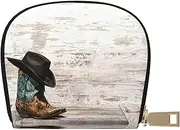 [JEJEA] Cowboy Hat and Boots Print Credit Card Holder Wallet, Small Card Holder Wallet with Zipper,Leather Card Holder, White, One Size