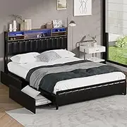 Oikiture Queen Size Bed Frame with 5 LED Open Display Shelves and 4 Drawers Metal Queen Bed with Bed Head Black