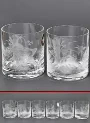 Set of 6 Etched Bohemia Glases Whiskey Hunters Lodge Boar Duck Pheasant Gift