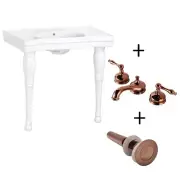 Console Sink White Porcelain with 8" Widespread Rose Gold Brass Faucet & Drain