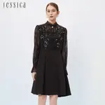 JESSICA - 甜美珠片花卉蕾絲拼接雪紡透膚長袖洋裝233Z74（黑）