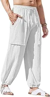 [Generic] Men's Cotton Linen Baggy Cargo Pants Solid Lightweight Beach Trousers Breathable Drawstring Hiking Summer Pants