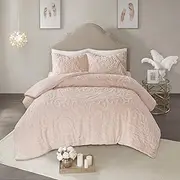 Madison Park Laetitia Comforter Reversible Cotton Chenille Flower Floral Botanical Medallion Tufted Fringe Soft Overfilled Down Alternative Hypoallergenic All Season Bedding-Set, King, Blush