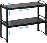 2 Pack Expandable Cabinet Countertop Shelves, Kitchen Cabinet Storage Racks, Stackable Adjustable Height Kitchen Storage Rack Spice Rack for Cabinets, Countertops, Bathroom, Living Room. (Black)