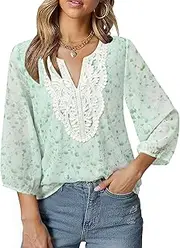 [VALOLIA] Women's Casual 3/4 Sleeve Chiffon Blouses V Neck Layered Embroidery Tunic Shirts