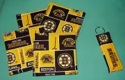 New party COASTERS SET of 4 and/or KEYCHAIN key ring BOSTON BRUINS Hockey