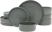 [Gibson Elite] Echo Bay 12 Piece Porcelain Reactive Glaze (Service for 4) Ceramic Plates and Bowls Modern Stackable Dinnerware Set - Blue