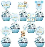 Weecent 48 Pcs We Can Bearly Wait Cupcake Toppers Teddy Bear Baby Shower Decorations Bear Cupcake Toppers Blue Baby Shower Cake Decorations for Boys Birthday Party Supplies