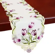 Embroidered Tulip Table Runners, Spring Floral Table 13 × 68 Inch Purple