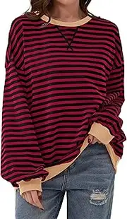 [calbatic] Women Oversized Striped Sweatshirt Long Sleeve Pullover Tops Crewneck Contrast Hem Shirts Vintage Fall Jumpers