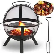 34" Wood Burning Fire Pit BBQ Grill Lid w/ Mesh Spark Screen for Bonfire Patio