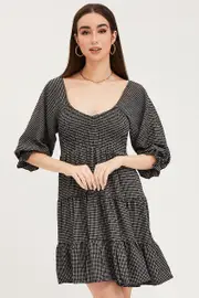 Check Mini Dress Short Sleeve - Size 6, Women's Skater Dress