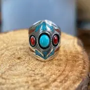 Size 10 or 12 - Vintage 925 Sterling Silver Turquoise & Red Coral Ring,...