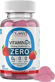 Vitamin D3 Zero Gummies by YumVs | Keto-Friendly Sugar-Free Supplement for Women & Men | Suitable for Diabetics | 125 mcg – 5000 IU Vitamin D3 | Natural Strawberry Flavor Chewables - 60 Count