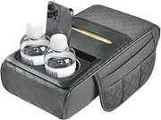 Center Console Cover, Armrest Cushion with Cup Holder, Leather Console Pad, Extended Design, Phone Slot, Tissue Box Storage, Sturdy Material, for Car Interior Accessory, (Black/Grey)