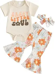 [Karuedoo] Newborn Baby Girl Summer Outfits Sassy Little Soul Romper Boho Floral Flared Pants Headband 3Pcs Clothes Set