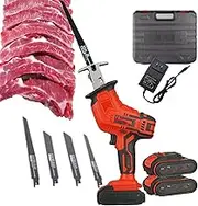 WhAeoy Electric Bone Cutting Machine, Portable Reciprocating Saw, Selt-locking, With 4 Saw Teeth, 1/2 Batteries, LED Lighting, 0-3000rpm Variable Speed, for Cutting Meat/Bones,2-Battery