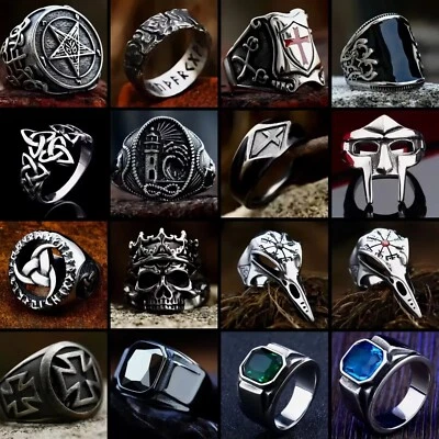 Men Retro Nordic Viking Gothic Skull Compass Celtic Satan Prayer Religious Ring