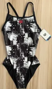 ARENA MaxLife Size 34 Black White Camo Clouds Superfly Back One Piece Swimsuit